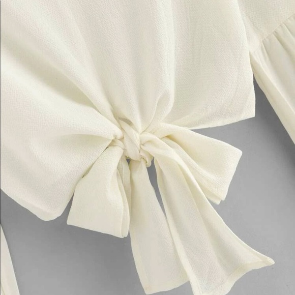 Floral blouse crop top boho flower lantern sleeve tie chiffon cream white vneck - Picture 4 of 9